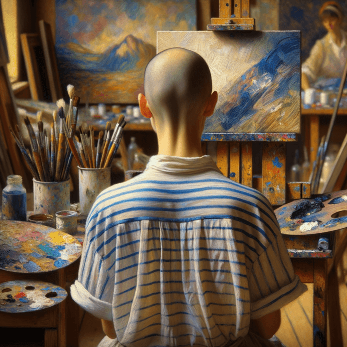 una rtista pelato con la maglia. maniche corte a strisce bianche e blu che richiama picasso a lavoro nel suo atelier d'artista di spalle una rtista pelato con la maglia. maniche corte a strisce bianche e blu che richiama picasso a lavoro nel suo atelier d'artista di spalle